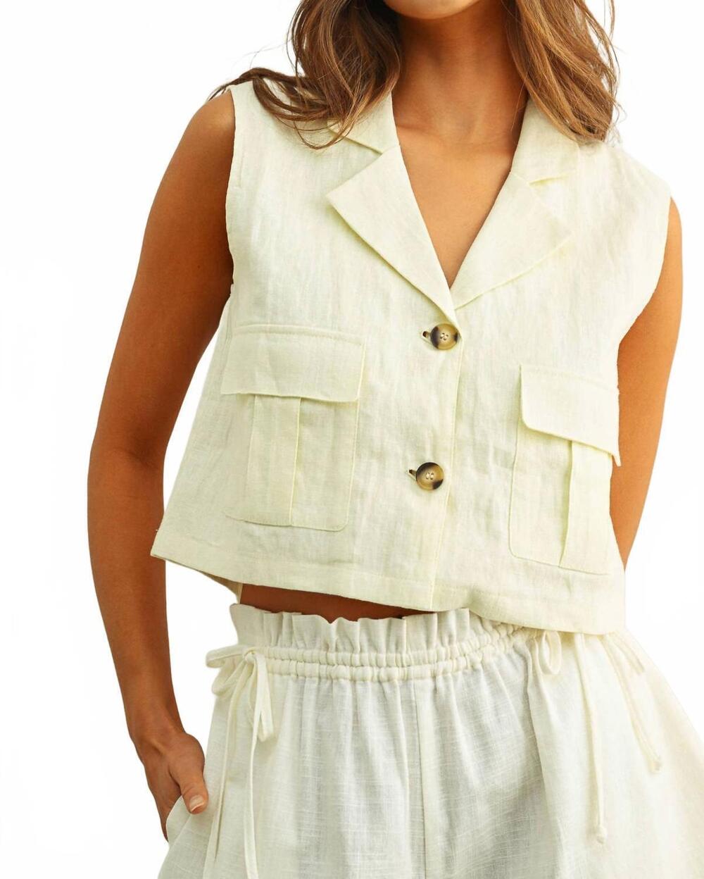 NEW MIOU MUSE women's linen cargo vest in off white